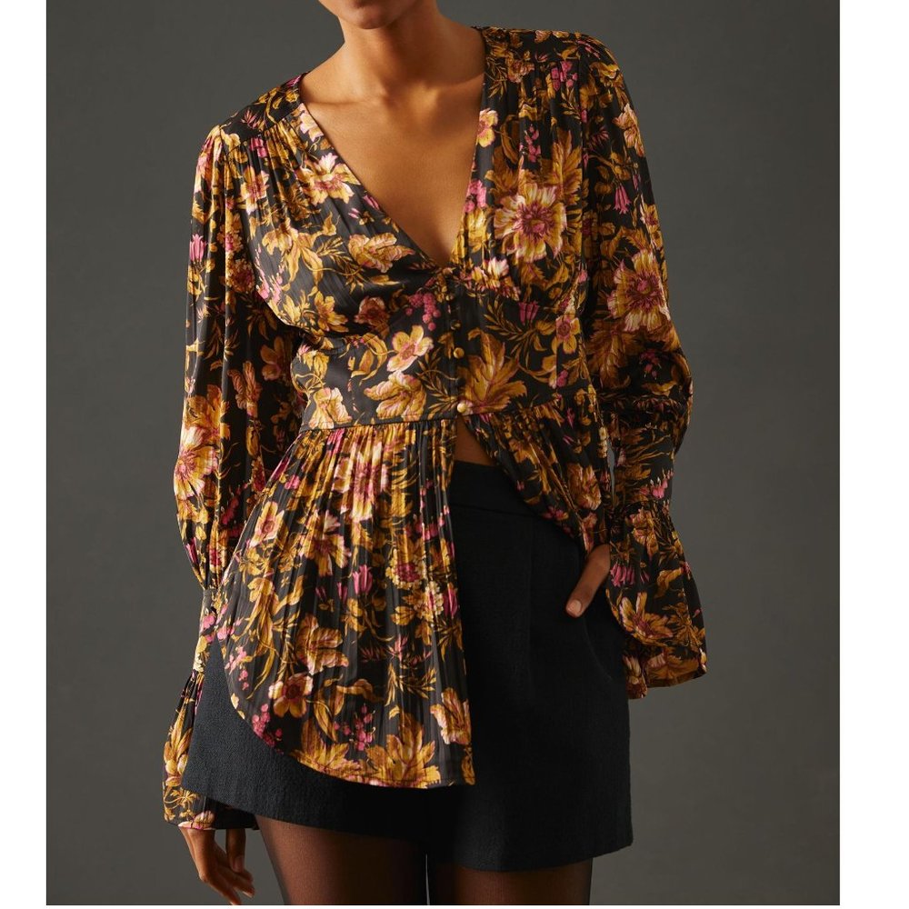 By Anthropologie Silky Deep V Tunic Black Floral Print - Large